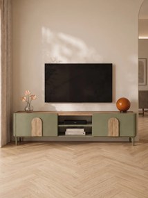 Comodă TV Amilio 220 cm cu sertar - eucalipt / stejar baltic dune / mânere stejar natural