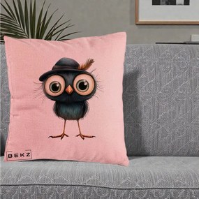 Perna Decorativa Pui Misterios cu Palarie Neagra, 40x40 cm, Roz, Husa Detasabila, Perna Inclusa, BEKZ®
