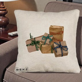 Perna Decorativa Cadouri de Craciun Kraft, 40x40 cm, Bej Canapea, Husa Detasabila, Perna Inclusa, BEKZ®