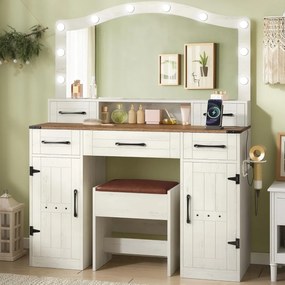 SEA818 - Set Masa toaleta 108 cm, cosmetica machiaj, oglinda cu LED, masuta vanity cu Priza, USB si Suport Uscator par, scaunel tapitat - Alb