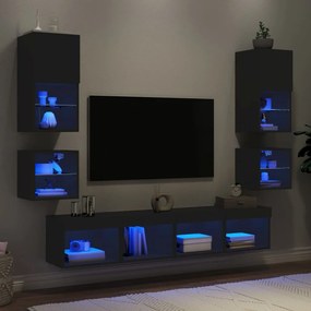 Unitati de perete TV cu LED-uri, 8 piese, negru, lemn prelucrat