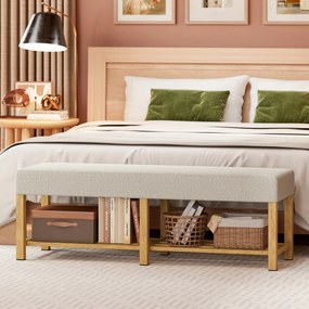 HOMCOM Bancă pentru pantofi din lemn masiv de 140 cm, bancă modernă de hol cu șezut tapițat pentru două persoane, lemn natural și Alb-crem | Aosom Romania