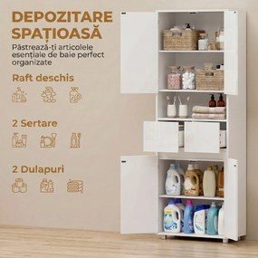HOMCOM Dulap de Baie Înalt cu Rafturi Reglabile, Alb Lucios | Aosom Romania
