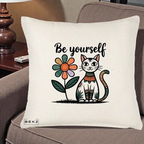 Perna Personalizata Be Yourself Pisica Folk, 40x40 cm, Crem Reliefat, Husa Detasabila, Perna Inclusa, BEKZ®