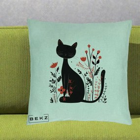 Perna Decorativa Pisica Neagra Flori Rosii Folk Minimal, 40x40 cm, Verde Menta, Husa Detasabila, Perna Inclusa, BEKZ®