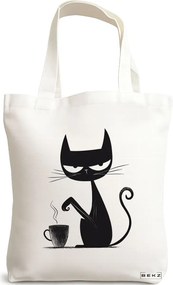 Sacosa de Panza pentru Cumparaturi, Geanta Tote, model Caffeine Cat 2 38 x 34.5 cm, Alba, BEKZ®