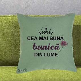 Cadou pentru Bunica - Perna Personalizata Cea Mai Buna Bunica Din Lume Coroana Mov Floare Roz, 40x40 cm, Verde, Husa Detasabila, Perna Inclusa, BEKZ®