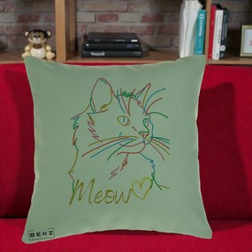 Perna Personalizata Pisica Meow Arta Linie Colorata, 40x40 cm, Verde, Husa Detasabila, Perna Inclusa, BEKZ®