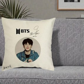 Perna Personalizata K-pop BTS Jimin Portret Cerc Autograf Geaca, 40x40 cm, Ecru, Husa Detasabila, Perna Inclusa, BEKZ®