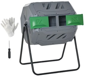 Outsunny Compostor Rotativ cu 2 Secțiuni și 8 Prize de Aerisire din Oțel și PP, 160L, 71x65x96 cm, Gri | Aosom Romania