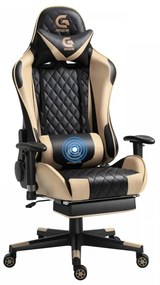 Scaun gaming cu masaj în perna lombară, sezut benzi elastice sustinere, cotiere 3D, suport picioare, funcție sezlong, Negru/Auriu