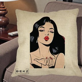 Perna Decorativa Femeie Pop-Art Kiss, 40x40 cm, Crem, Husa Detasabila, Perna Inclusa, BEKZ®