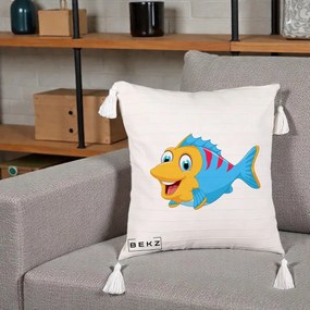 Perna Decorativa Peste Vesel Cartoon, 40x40 cm, Bej cu Franjuri, Husa Detasabila, Perna Inclusa, BEKZ®