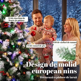 HOMCOM Brad de Crăciun Nins 180 cm, 250 LED-uri Bicolore, Telecomandă, 11 Moduri, 840 Ramuri, Conuri, Bobițe Roșii | Aosom Romania