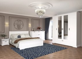 Dormitor Valencia, MDF Vopsit Alb, Dulap 4 usi si 1 Sertar, Pat 160x200, Comoda 2 Usi 3 Sertare, 2 Noptiere