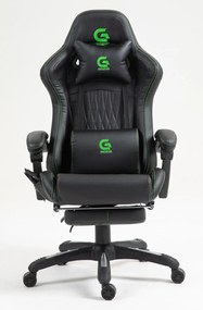 Scaun gaming, Masaj in 7 puncte, Boxe Bluetooth, funcție șezlong, 90-155 grade, suport picioare, PU, Negru/cusatura verde