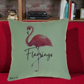 Perna Decorativa Flamingo Acuarela, 40x40 cm, Verde, Husa Detasabila, Perna Inclusa, BEKZ®