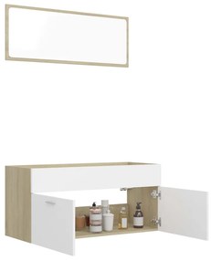 Set mobilier baie, 2 piese, alb si stejar sonoma, PAL alb si stejar sonoma, Dulap pentru chiuveta + oglinda, 1
