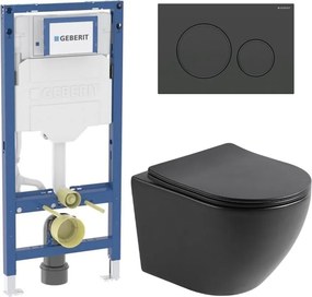 Set rezervor incastrat Geberit Duofix cu set fixare si clapeta Sigma20 negru mat plus vas WC Rune Ivaldi cu capac softclose