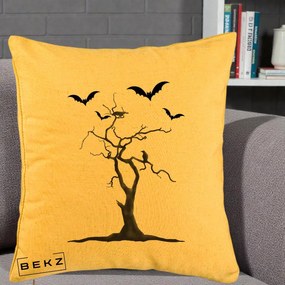 Perna Decorativa Halloween Copac cu Lilieci Alb-Negru, 40x40 cm, Galben, Husa Detasabila, Perna Inclusa, BEKZ®