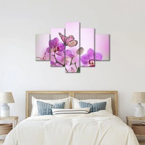 Tablou - Fluture pe flori de orhidee, liliac (150x105 cm)
