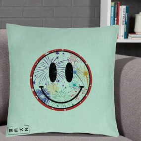 Perna Decorativa Smiley Face cu Artificii Multicolore, 40x40 cm, Verde Menta, Husa Detasabila, Perna Inclusa, BEKZ®