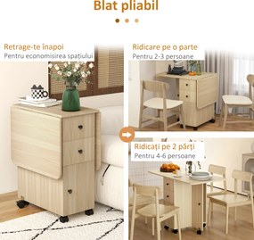 HOMCOM Masă de Bucătărie Pliabilă, Masă Rabatabilă cu Roți și Frâne pentru 6 Persoane, Birou Pliabil cu 2 Sertare și Dulap, pentru Living, 120x60x76.5 cm, Lemn Natural | Aosom Romania