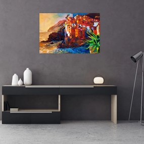 Tablou - Satul de coastă Cinque Terre, Riviera italiană, impresionismul modern (90x60 cm)