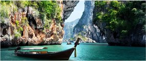 Tablou - Apă peisaj mediteranean cu barca (120x50 cm)