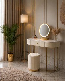 Set ASHLEY, Masă de toaletă pentru machiaj cu oglindă iluminată LED, control touch, sertar, taburet, 100x40x76 cm, Bej/Auriu