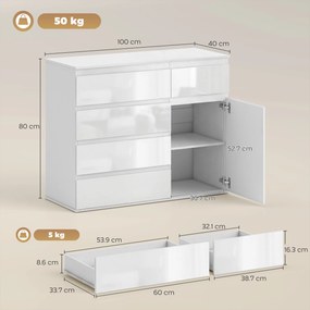 HOMCOM Bufet Modern cu 5 Sertare și Raft Reglabil, Alb Lucios | Aosom Romania