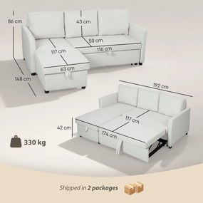 HOMCOM Divan Extensibil pentru 3 Persoane cu Șezlong Convertibil, Divan Rabatabil cu Compartiment de Depozitare și 3 Perne Detașabile, Material Textil cu Efect de In, Living, 192x148x86cm, Crem | Aosom Romania