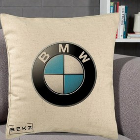 Perna Personalizata cu emblema BMW, 40x40 cm, Bej, Husa Detasabila, Perna Inclusa, BEKZ®