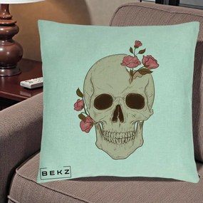 Perna Decorativa Craniu Floral Gothic, 40x40 cm, Verde Menta, Husa Detasabila, Perna Inclusa, BEKZ®