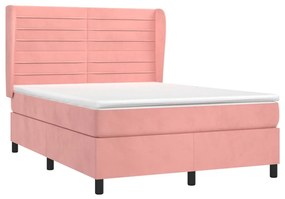 Pat box spring cu saltea, roz, 140x190 cm, catifea Roz, 140 x 190 cm, Benzi orizontale