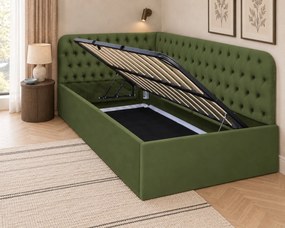 Pat tapițat pentru copii din catifea Elyra 140×200 cm, kaki, colț dreapta, cu ladă de depozitare