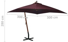 Umbrela suspendata cu stalp, rosu bordo, 3x3 m, lemn masiv brad Rosu bordo, 3 x 3 m