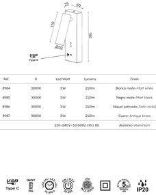Aplica de perete, Mufa USB, LED, Tarifa III nickel MA-8986