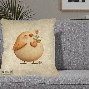 Perna Decorativa Pui cu Inima si Floarea-Soarelui, 40x40 cm, Crem, Husa Detasabila, Perna Inclusa, BEKZ®