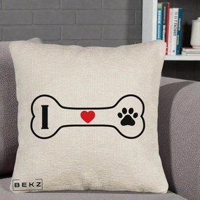 Perna Personalizata I Love Dog Os si Labuta, 40x40 cm, Bej Canapea, Husa Detasabila, Perna Inclusa, BEKZ®