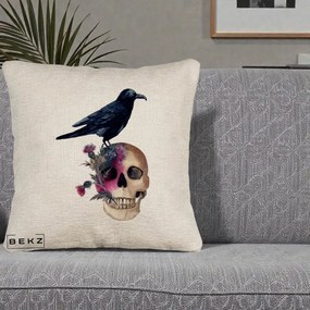 Perna Decorativa Craniu cu Corb si Flori Gothic, 40x40 cm, Bej Canapea, Husa Detasabila, Perna Inclusa, BEKZ®