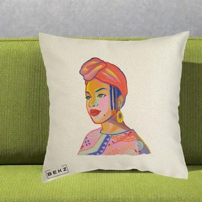 Perna Decorativa Portret Femeie Africana, 40x40 cm, Ecru, Husa Detasabila, Perna Inclusa, BEKZ®