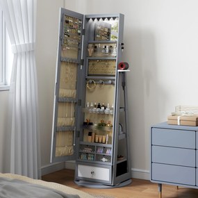 HOMCOM Oglindă portarbijuterii cu lumini LED Dulap portarbijuterii cu oglindă completă Rotativ de 360° Sertar Încuietoare Gri deschis | Aosom Romania