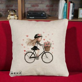 Perna Decorativa Fetita Kawaii pe Bicicleta cu Trandafiri si Inimioare, 40x40 cm, Bej Canapea, Husa Detasabila, Perna Inclusa, BEKZ®