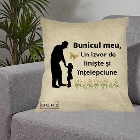Cadou pentru Bunic - Perna Personalizata Bunicul Meu Izvor de Liniste cu Fluture si Fetita, 40x40 cm, Crem, Husa Detasabila, Perna Inclusa, BEKZ®