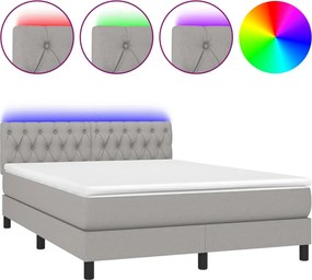 vidaXL Pat cu arcuri, saltea și LED, gri deschis, 140x190 cm, textil