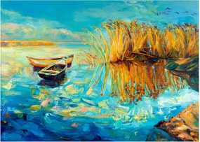 Tablou pe sticlă - Lacul cu bărci (70x50 cm)
