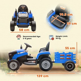 AIYAPLAY 2 în 1 Tractor Electric pentru Copii 3-8 Ani cu Remorcă Detașabilă, Telecomandă, Muzică, Lumini, Albastru | Aosom Romania