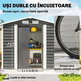 Outsunny Magazie de Grădină din Tablă de Oțel cu 4 Orificii de Ventilație și 2 Uși Glisante, 213x120x194 cm, Gri Închis | Aosom Romania