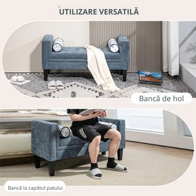 HOMCOM Bancă Capitonată pentru Dormitor cu Brațe, 2 Perne Cilindrice și Picioare din Lemn, 115,5x45x56 cm, Gri | Aosom Romania